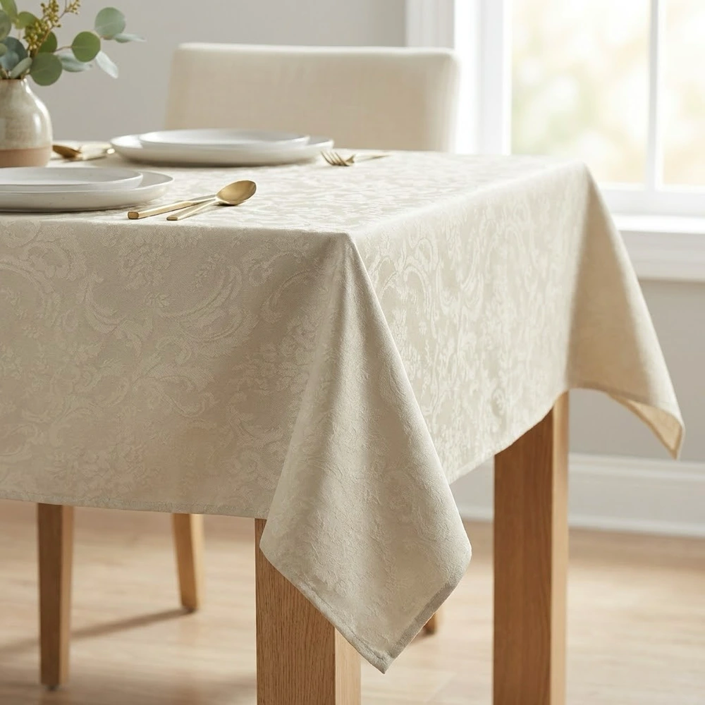 Lifestyle shot of Damask Beige Wipe Clean Acrylic Coated Tablecloth with Teflon & Hem Finish