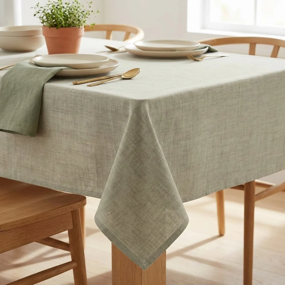 Lifestyle shot of Natural Linen Pebble Grey Acrylic Coated Tablecloth with Teflon and hem finish
