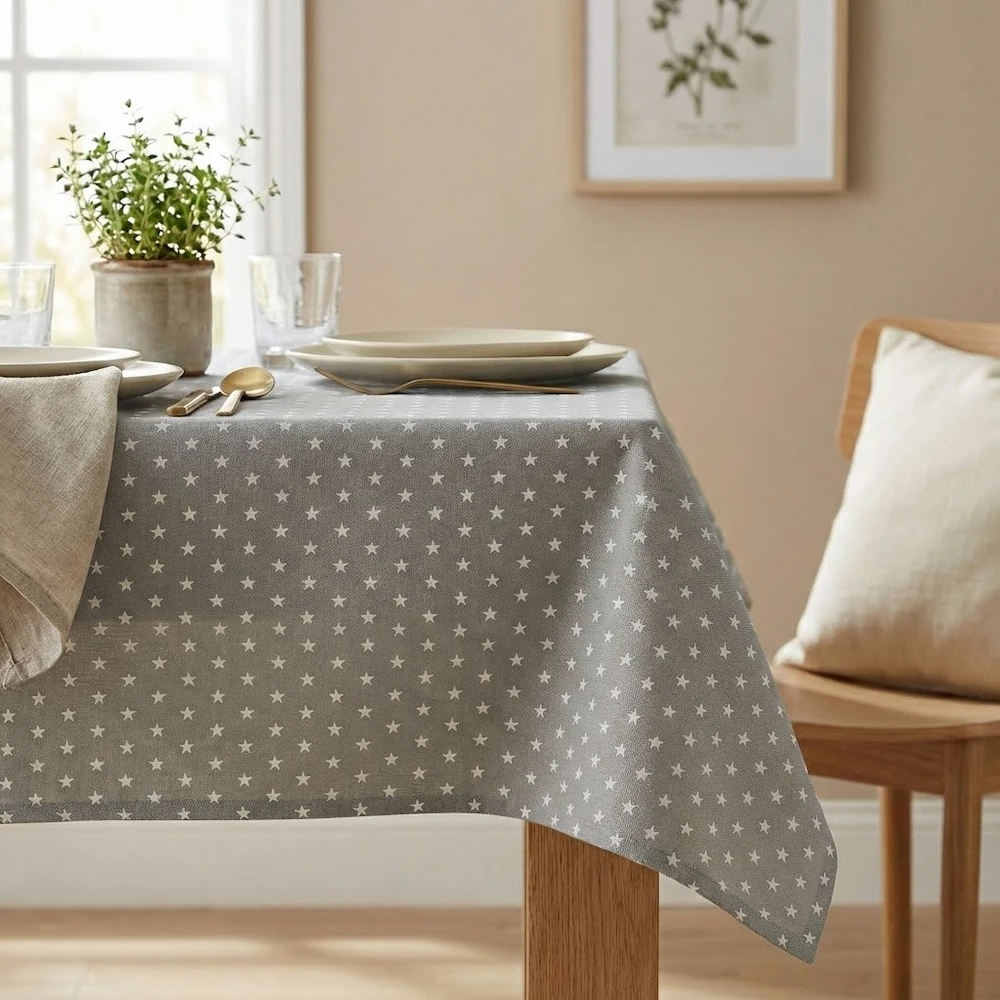 Lifestyle shot of Stars Heather Acrylic Coated Wipe Clean Tablecloth & Hem Finish