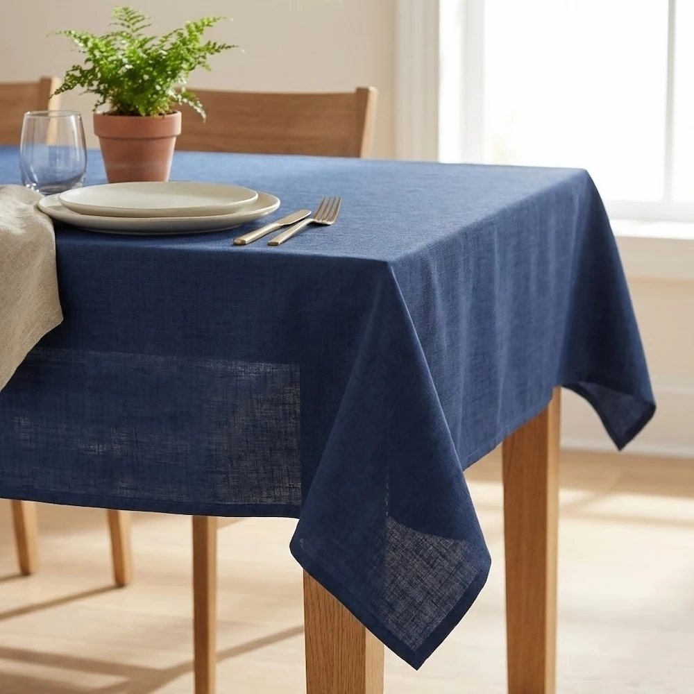 Lifestyle shot of Natural Linen Navy Blue Acrylic Coated Tablecloth with Teflon