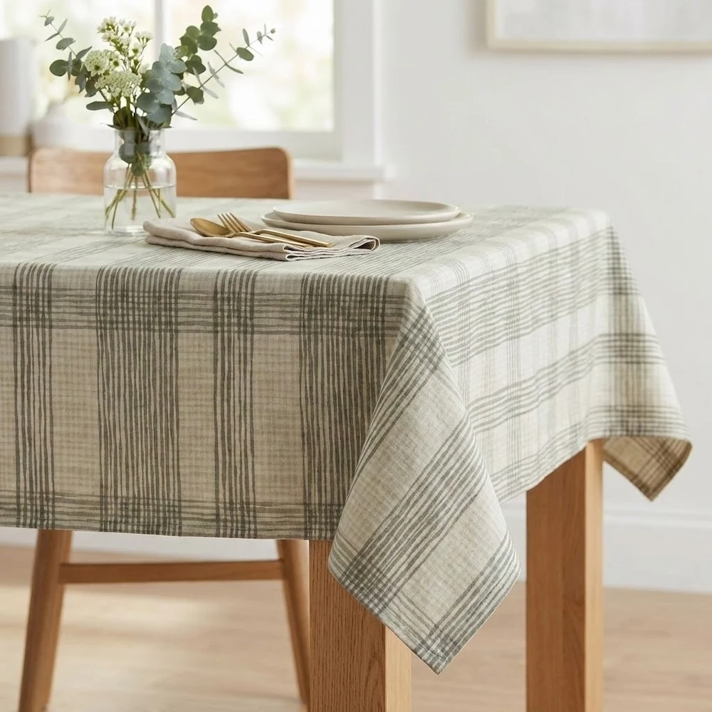 Lifestyle shot of Wiggly Grey Acrylic Coated Tablecloth with Teflon & hem finish