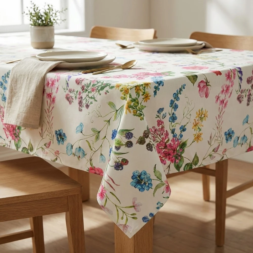 Lifestyle shot of Blooming Delight Acrylic Coated Tablecloth with Teflon & Hem Finish