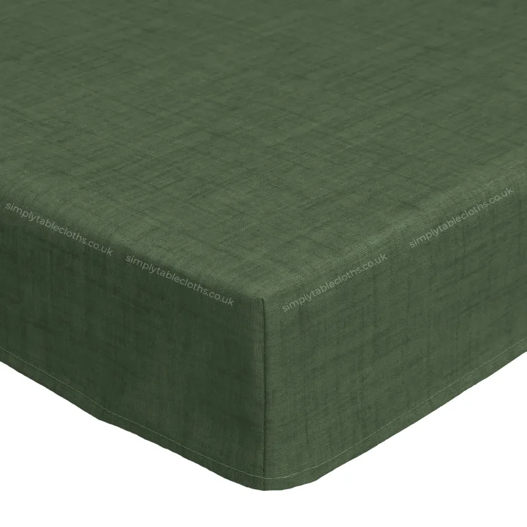 Natural linen plain mantle green acrylic teflon coated wipe clean tablecloth with teflon and a edge binding finish