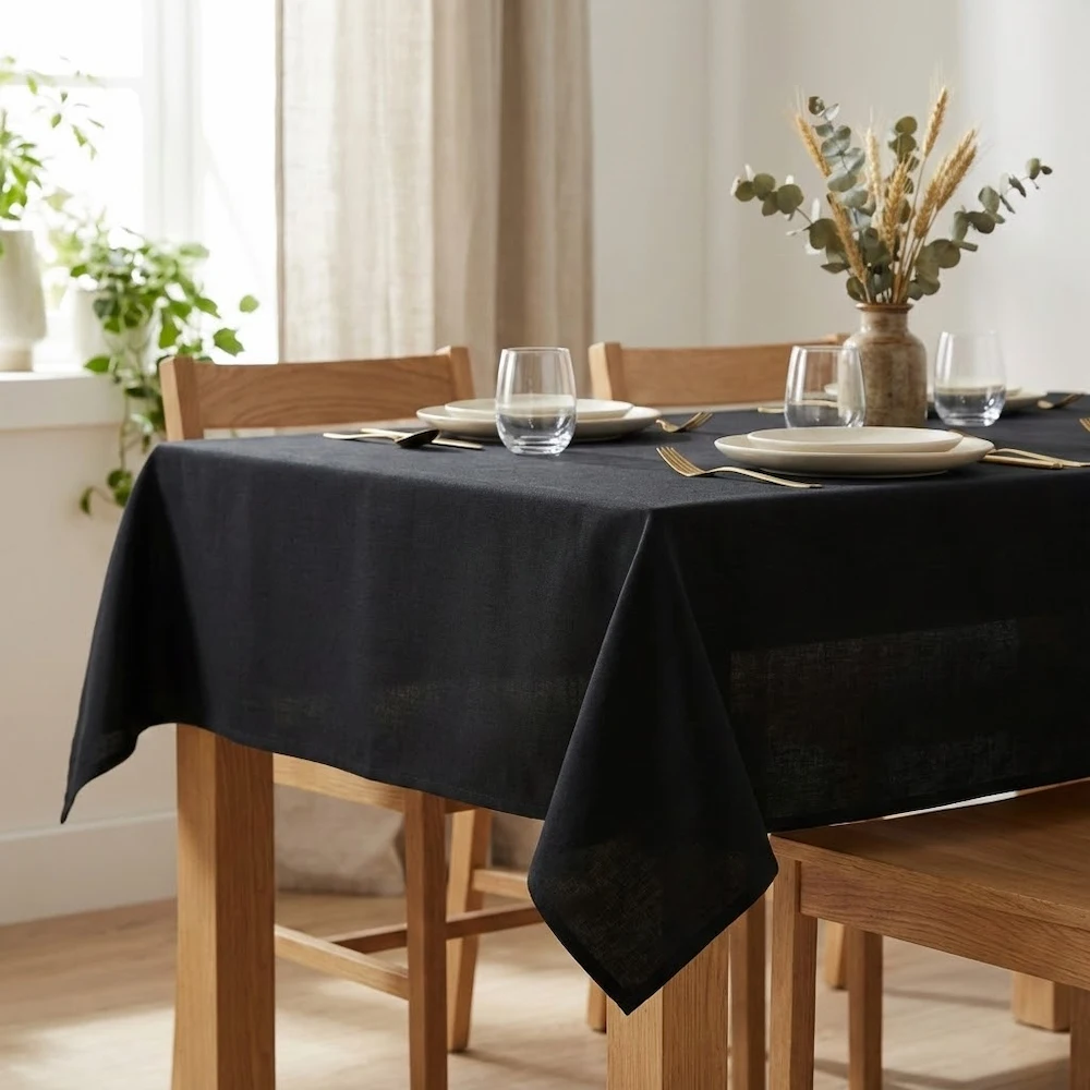 Lifestyle shot of Natural Linen Plain Black Acrylic Teflon Coated Wipe Clean Tablecloth with a Hem Finish