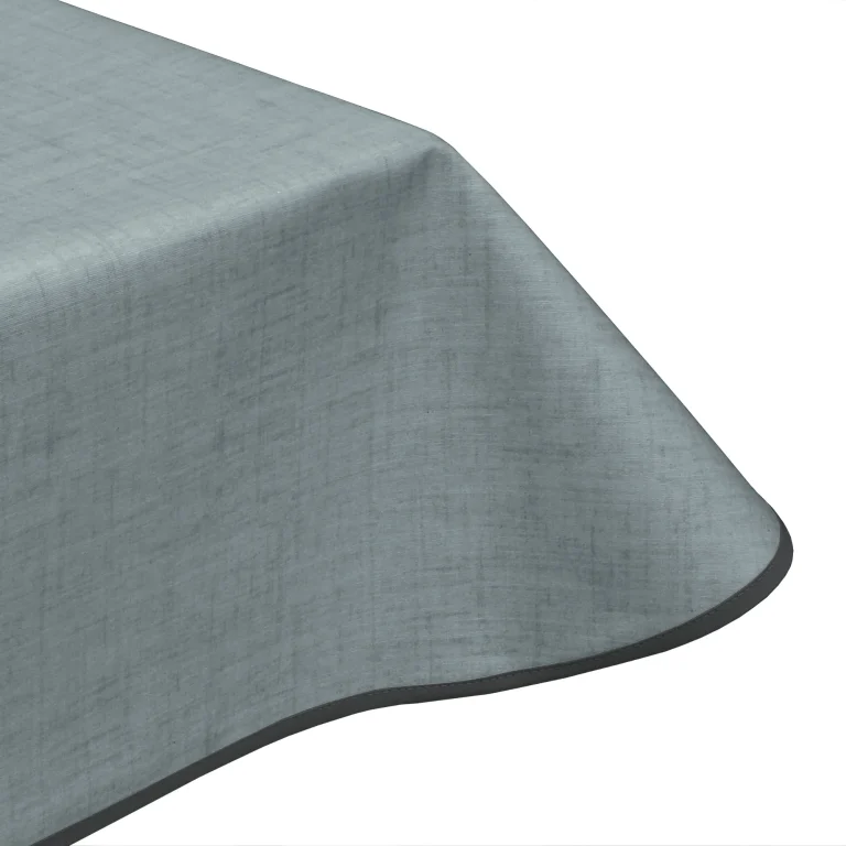 Natural linen plain steel blue acrylic teflon coated tablecloth wipe clean with edge binding finish