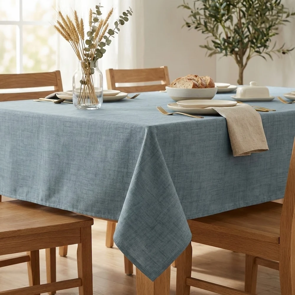 Lifestyle of Natural linen plain steel blue acrylic teflon coated tablecloth wipe clean with hem finish