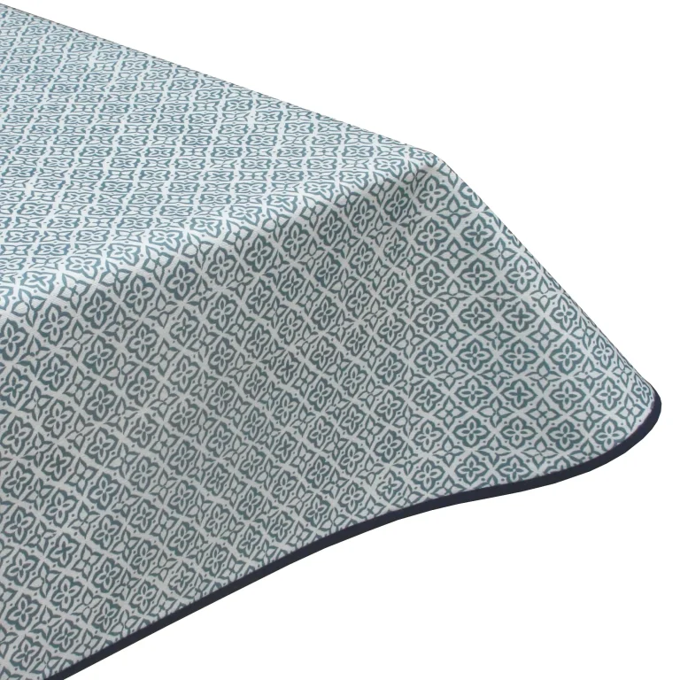 Calypso Blue Floral Geometric Acrylic Coated Tablecloth with Teflon & Edge Binding Finish