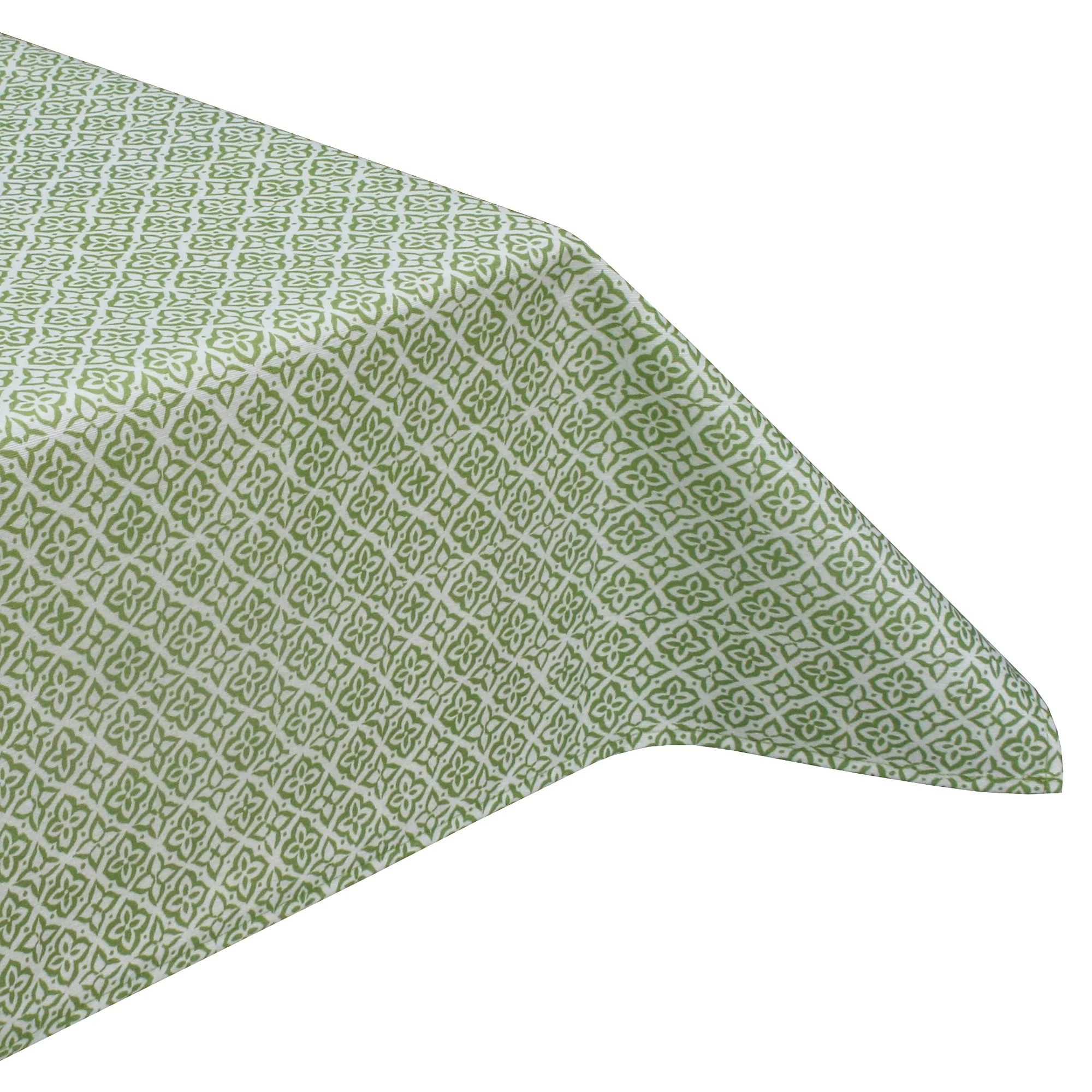 Calypso Green Floral Geometric Acrylic Coated Tablecloth with Teflon & Hem Finish