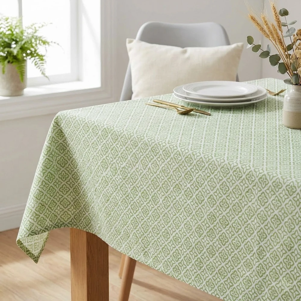 Lifestyle shot of Calypso Green Floral Geometric Acrylic Coated Tablecloth with Teflon & Hem Finish