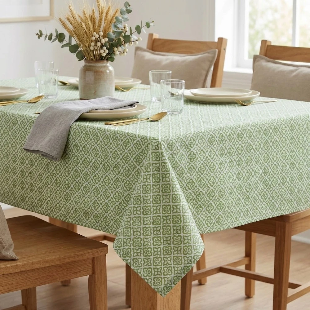 Lifestyle shot of Calypso Green Floral Geometric Acrylic Coated Tablecloth with Teflon & Hem Finish