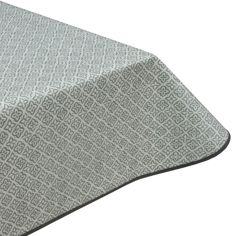 Calypso Grey Floral Geometric Acrylic Coated Tablecloth with Teflon & Edge Binding Finish