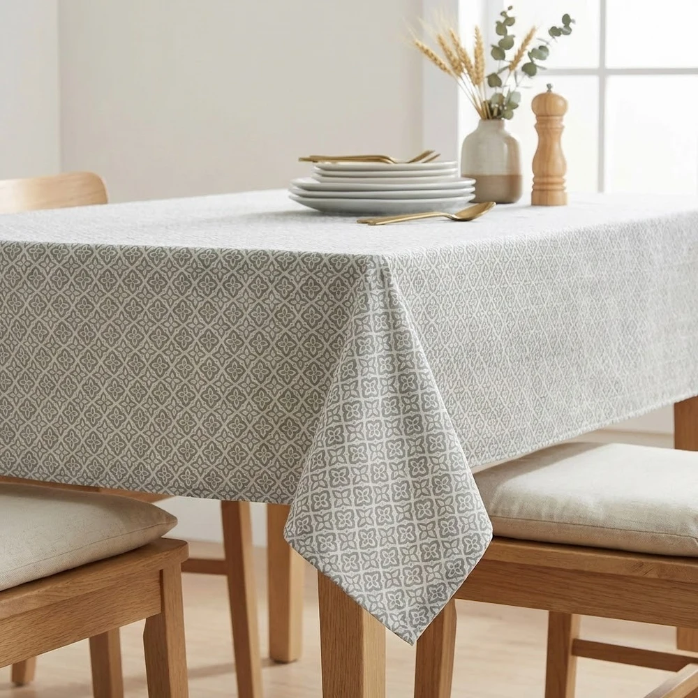 Calypso Grey Floral Geometric Acrylic Coated Tablecloth with Teflon - Image 4