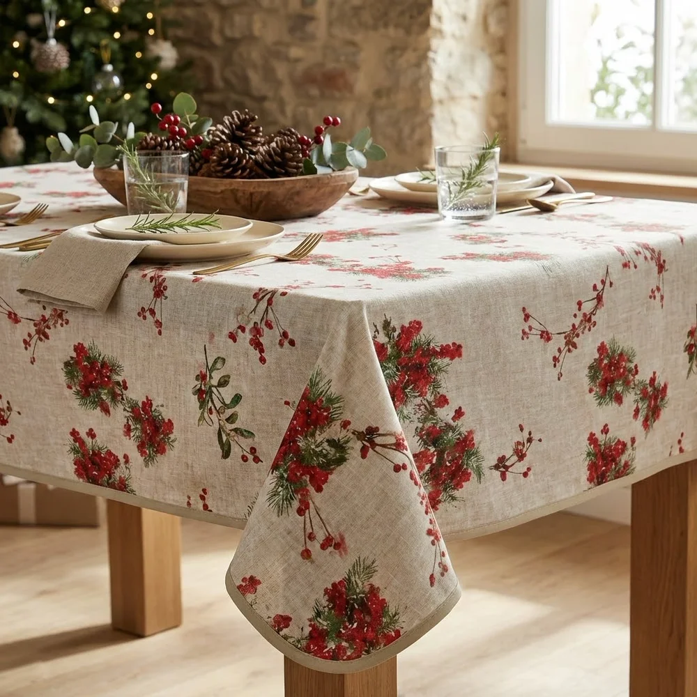 Lifestyle shot of Berry Garland Christmas Wipe Clean Acrylic Tablecloth