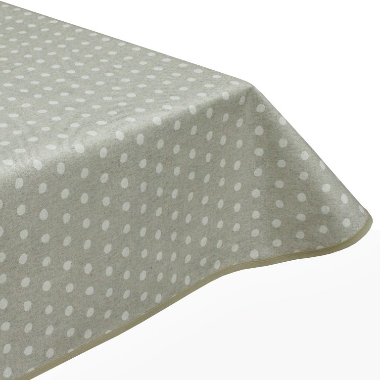 Spotty White Wipe Clean Acrylic Tablecloth & Edge binding finish