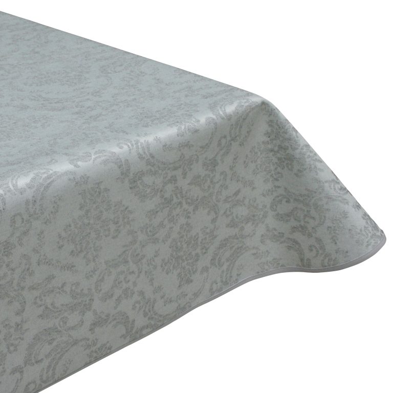 Damask Silver Acrylic Coated Tablecloth with Teflon & Edge Binding Finish