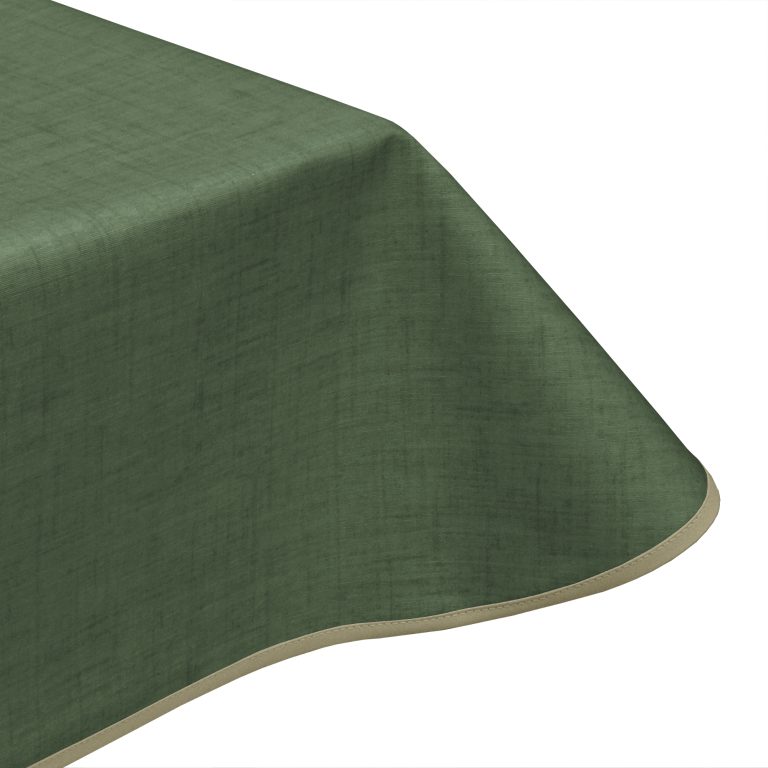 Natural linen plain mantle green acrylic teflon coated wipe clean tablecloth with teflon and a edge binding finish