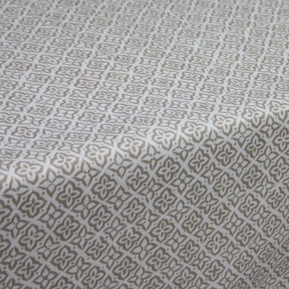 Close Up Of Calypso Beige Floral Geometric Acrylic Teflon Coated Tablecloth Wipe Clean