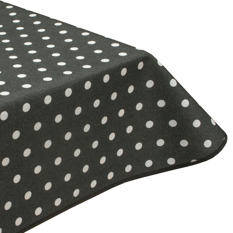 Polka Dot Iron Grey Acrylic Coated Wipe Clean Tablecloth & Edge Binding Finish