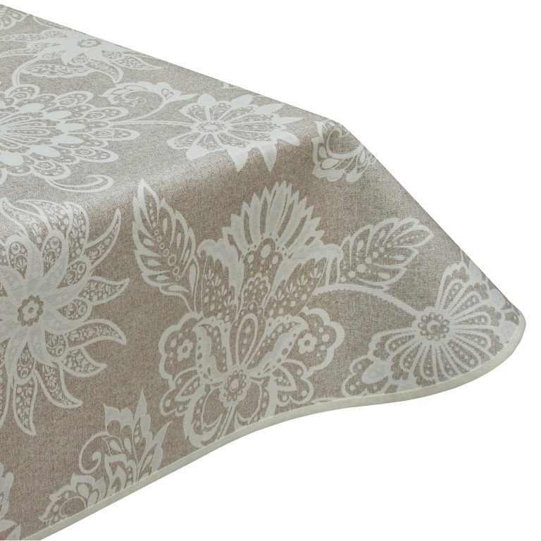 Esta natural floral wipe clean tablecloth with edge binding finish