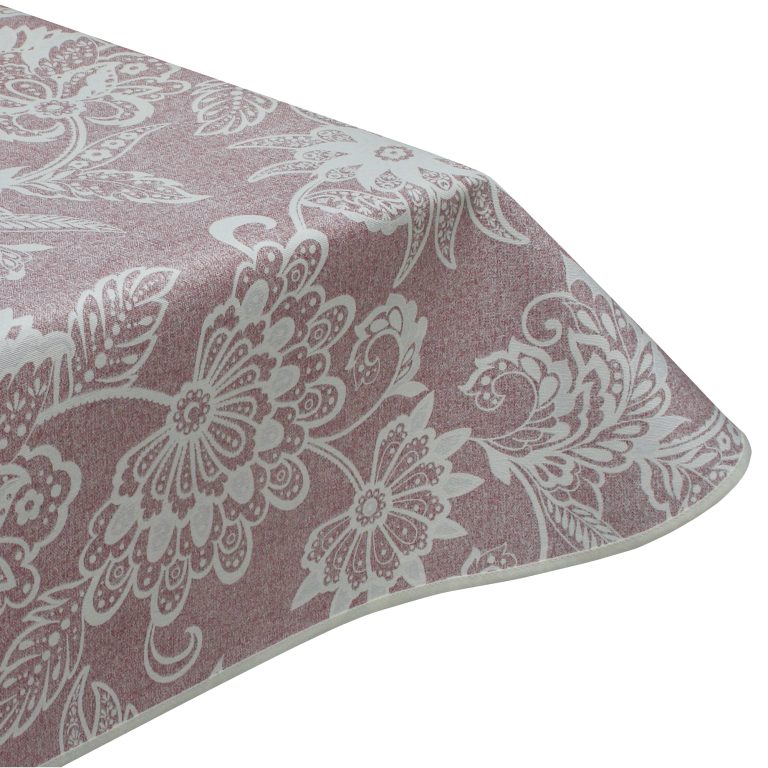 Esta light bordeaux floral wipe clean tablecloth with edge binding finish