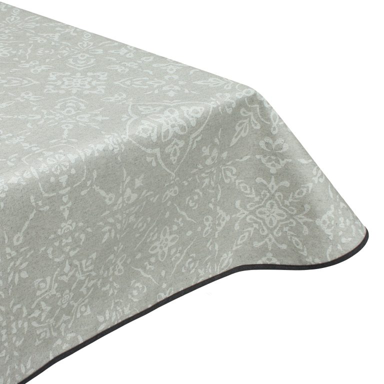 White Mosaic Damask Acrylic Coated Tablecloth with Teflon & Edge Binding Finish